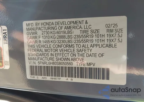 2025 Honda Odyssey Touring z USA, uszkodzony, nr VIN 5FNRL6H80SB050560